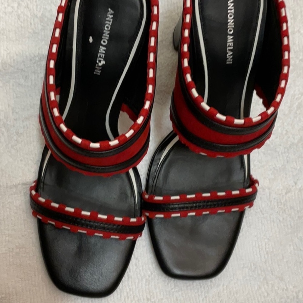💐ANTONIO MELANI Red and Black Block Heel Sandals Size 8 - Picture 2 of 4